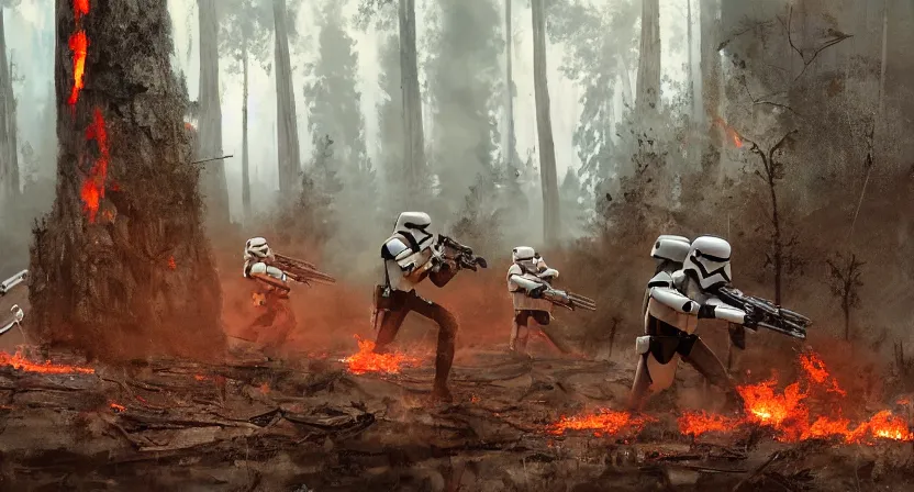 Image similar to imperial stormtroopers shooting red blaster bolts in barren lifeless forest with burned trees concept art by Doug Chiang cinematic, realistic painting, high definition,very detailed, extremely high detail, photo realistic, concept art, unreal engine 5, the Mandalorian concept art style