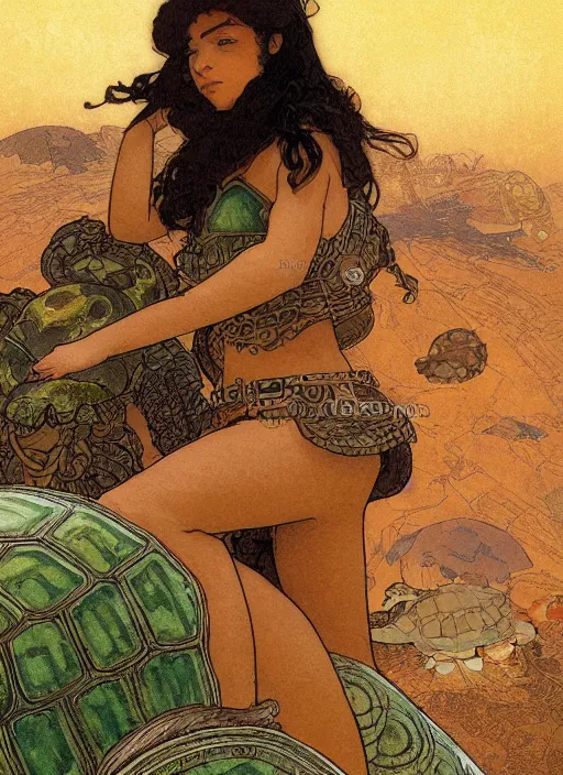 Prompt: portrait of a little warrior girl laying on top of a giant turtle in the desert. the girl has dark skin and beautiful green eyes, realistic body legs and a very beautiful detailed symmetrical face with long black hair. the turtle has a big wise face and closed eyes. diffuse light, dramatic landscape, fantasy illustration by mucha