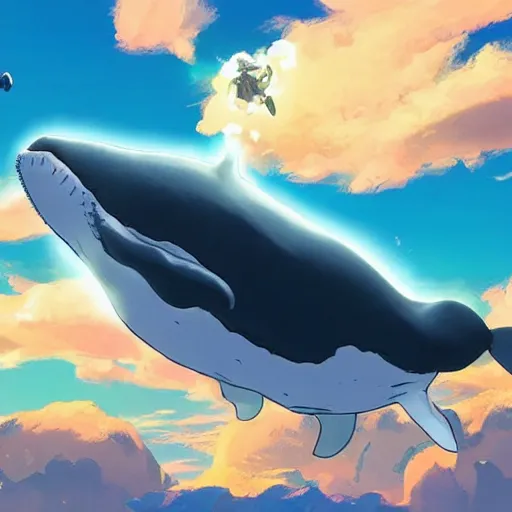 Prompt: a whale floating in the sky, by Miyazaki, style of breath of the wild