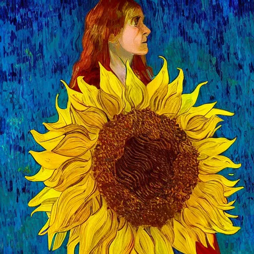 Image similar to closeup, giant sunflower head, woman standing in a room, surreal, dramatic light, impressionist painting, digital painting, artstation, van gogh