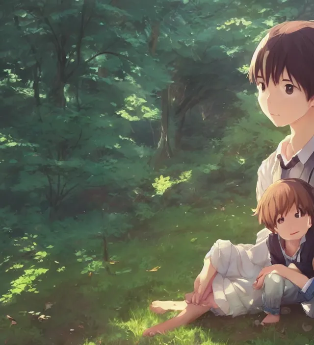 Image similar to a close up of a boy and a girl sitting together in a forest. cute anime eyes. by makoto shinkai, stanley artgerm lau, wlop, rossdraws, james jean, andrei riabovitchev, marc simonetti, krenz cushart, sakimichan, trending on artstation, digital art.