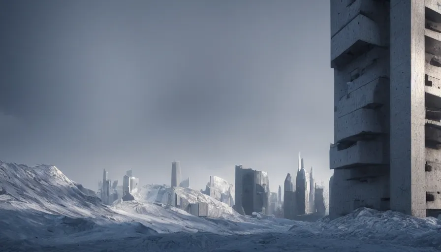 Image similar to brutalist dark omnius powerful tall tower in edge of artic mountains snow hills in the distance, volumetric light, storm, hyperdetailed, artstation, cgsociety, 8 k