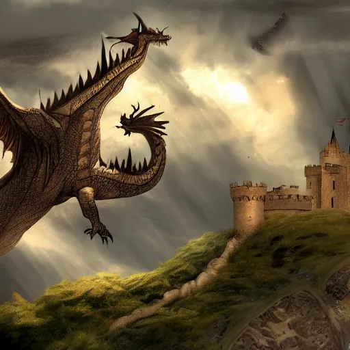 Image similar to a dragon flying above a castle, 8 k concept art