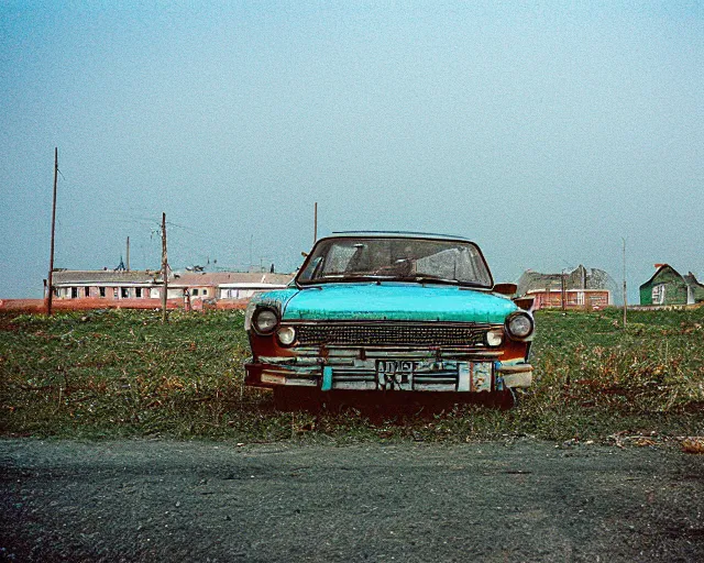 Image similar to a lomographic photo of old lada 2 1 0 7 standing in typical soviet yard in small town, hrushevka on background, cinestill, bokeh