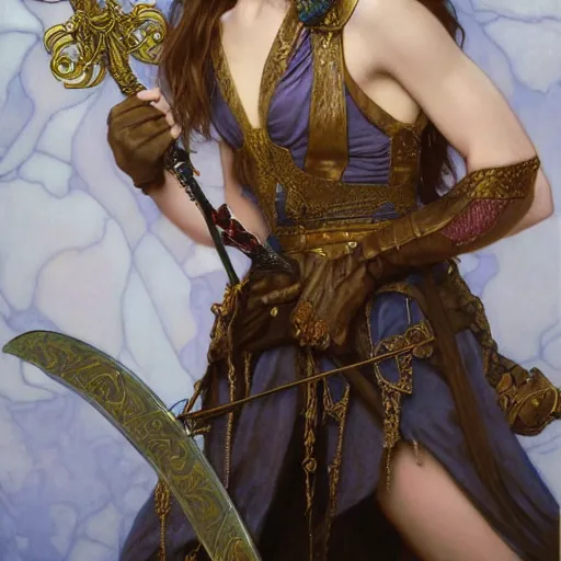 Image similar to Young Keira Knightley with sword and potions drawn by Donato Giancola and Tom Bagshaw, face by Artgerm, overall design by Alphonse Mucha, background by James Jean and Gustav Klimt, light by Julie Bell, 4k, porcelain skin, komorebi, french nouveau, trending on artstation, octane render, hyperrealistic