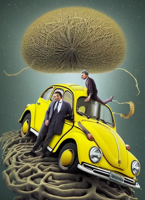 Image similar to hyper detailed 3d render like a Oil painting muted colors - slightly silly portrait of Rowan Atkinson cross eyed as Mr. Bean atop his yellow beetle in Aurora seen tickling of the Strangling network of yellowcake aerochrome and milky Fruit and Her delicate Hands hold of gossamer polyp blossoms bring iridescent fungal flowers whose spores black the foolish stars by Jacek Yerka, Mariusz Lewandowski, Houdini algorithmic generative render, Abstract brush strokes, Masterpiece, Edward Hopper and James Gilleard, Zdzislaw Beksinski, Nicoletta Ceccoli, Wolfgang Lettl, hints of Yayoi Kasuma, octane render, 8k