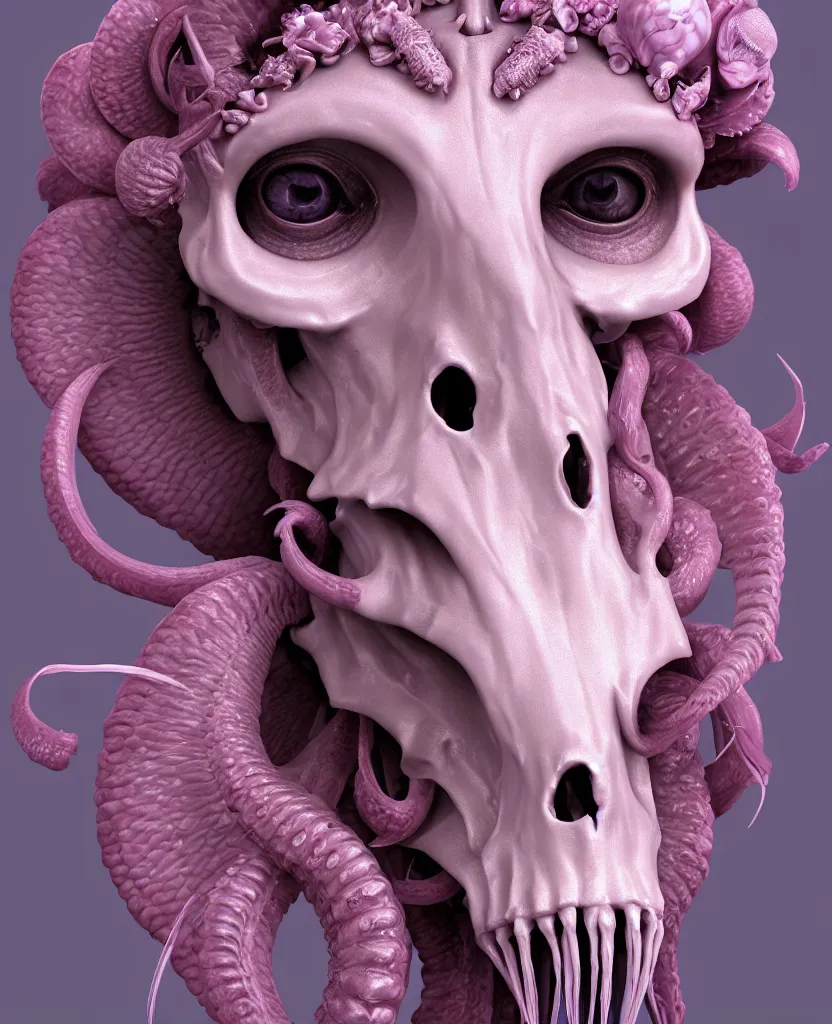 Image similar to goddess princess face close-up portrait ram skull. hard surface modelling zbrush. jellyfish phoenix head, nautilus, orchid, skull, betta fish, bioluminiscent creatures, intricate artwork by Tooth Wu and wlop and beeple. octane render, trending on artstation, greg rutkowski very coherent symmetrical artwork. cinematic, hyper realism, high detail, octane render, 8k