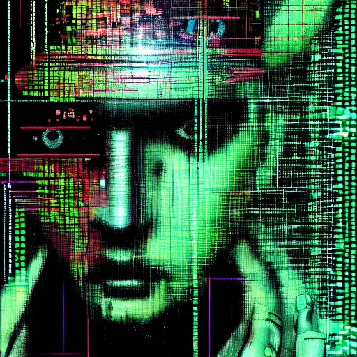 Image similar to hyperrealistic portrait of a cyberpunk teenager, male, confident, cybernetics, immersed within a glitch network, by Guy Denning, Metzinger, Russ Mills, glitch art, hyper focus, fine detail, hacking effects, digital tech effects, chromatic, color blocking!, green, acrylic on canvas, concept art, abstract, trending on cgsociety, trending on artstation