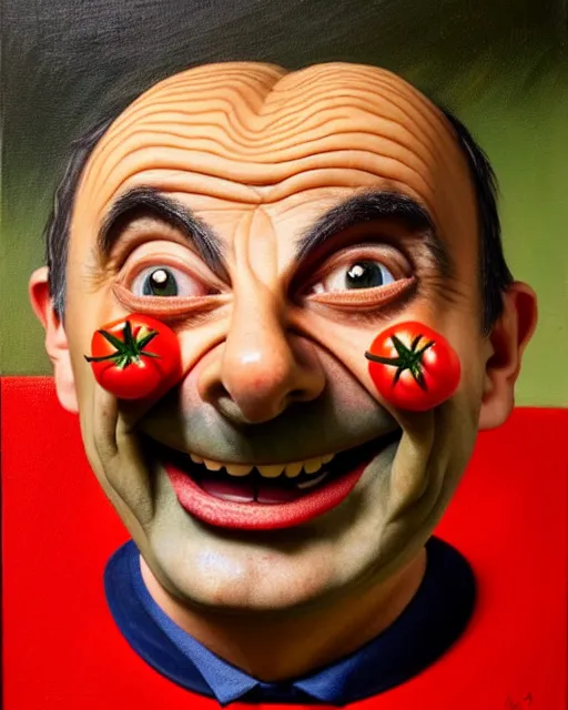 Image similar to portrait of mr bean smiling in a bowl full of baked beans, his face made of beans and tomato sauce, mr bean face, oil painting, highly detailed