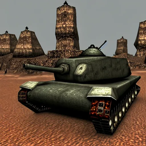 Prompt: wwii tank in morrowind, retro 3 d graphics, game screenshot