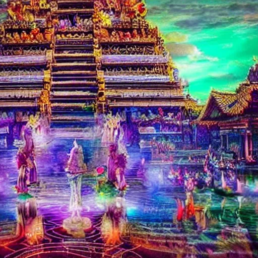 Image similar to a biggest temple of the world in magical universe, dreamy, magical effect, glowing effect, hyperreal, hyperdetailed