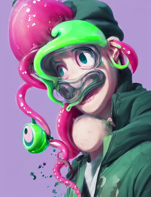 Prompt: a beautiful portrait of a cute splatoon anime male with pink tentacle hair wearing a green hoodie. character design by cory loftis, fenghua zhong, ryohei hase, ismail inceoglu and ruan jia. artstation, volumetric light, detailed, photorealistic, fantasy, rendered in octane