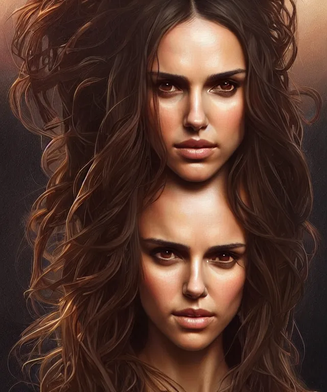 Image similar to half Nathalie portman half jessica alba portrait, sci-fi, amber eyes, beautiful face, appealing long hair, fantasy, intricate, elegant, highly detailed, digital painting, artstation, concept art, smooth, sharp focus, illustration, art by artgerm and greg rutkowski and alphonse mucha