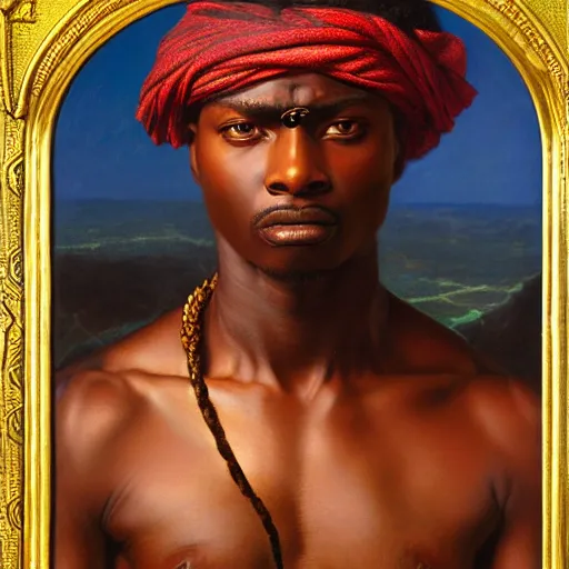 Prompt: portrait oil painting of a fierce muscular african - haitian warrior half - man half - leopard by john william godward. photorealistic, highly detailed, bright colors, classical lighting, 8 k. tarot and voodoo symbolism.