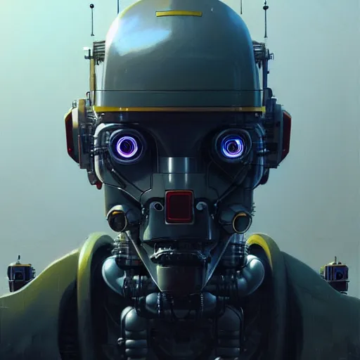 Image similar to detailed character concept art portrait of a detailed and hi - tech diesel punk robot ’ s face, depth of field background, artstation, award - winning realistic sci - fi concept art by greg rutkowski and yoshitaka amano, in the style of james gurney, flat pop color surrealist illustration.