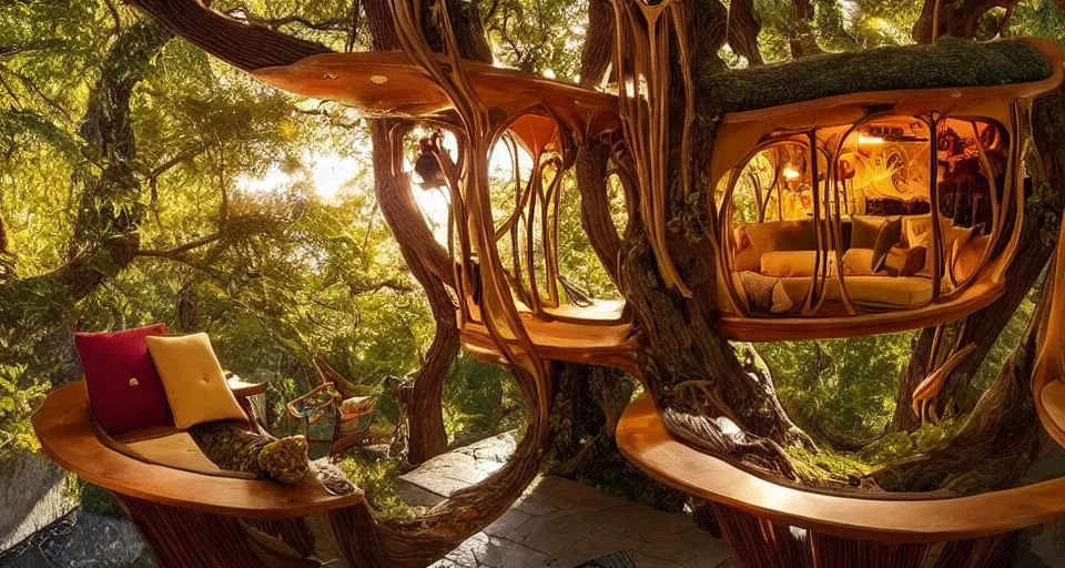 Image similar to an incredibly beautiful scene from a 2 0 2 2 marvel film featuring a cozy art nouveau reading nook in a fantasy treehouse interior. a couch with embroidered pillows. a tree trunk. suspended walkways. golden hour. 8 k uhd.