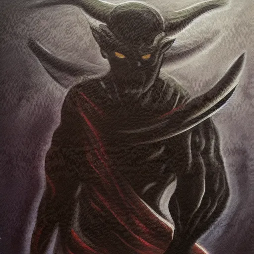 Image similar to Demon ninja warrior, Acrylic on canvas, low-key lighting, low angle, somber, sinister, doom, haunting