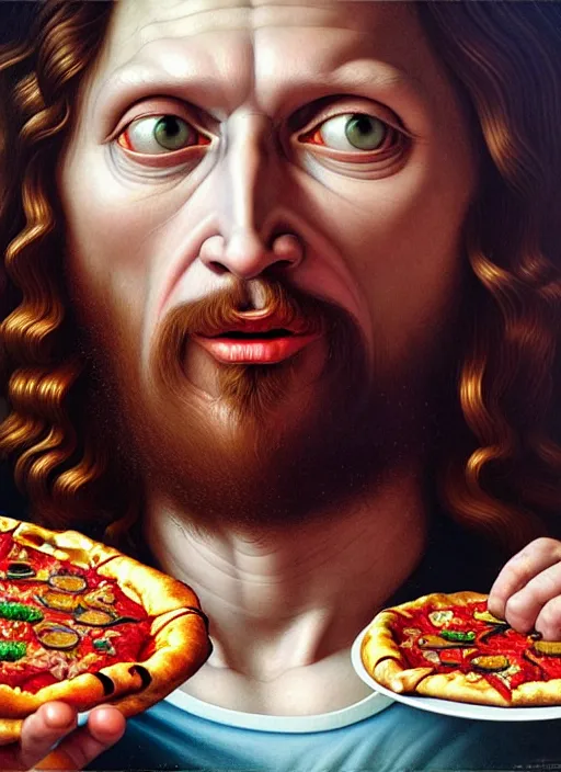 Image similar to hyper detailed 3d render like an Oil painting - Portrait of Jesus Christ eating pizza by Jacek Yerka, Mariusz Lewandowski, Houdini algorithmic generative render, Abstract brush strokes, Masterpiece, Edward Hopper and James Gilleard, Zdzislaw Beksinski, Mark Ryden, Wolfgang Lettl, hints of Yayoi Kasuma, octane render, 8k