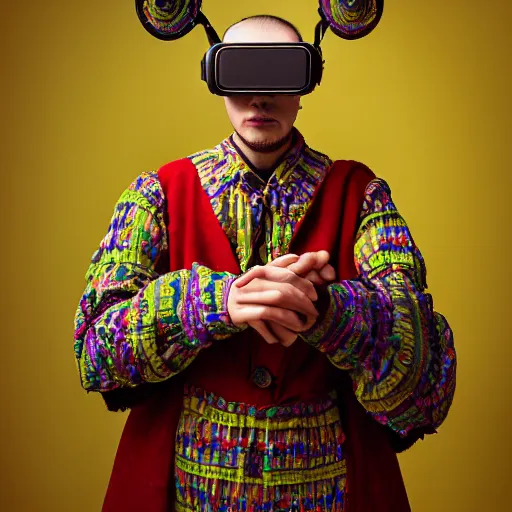 Prompt: Colour Caravaggio style full body portrait Photography of Highly detailed Man wearing Ukrainian folk costume designed by Taras Shevchenko with 1000 years perfect face wearing highly detailed retrofuturistic VR headset designed by Josan Gonzalez. Many details In style of Josan Gonzalez and Mike Winkelmann and andgreg rutkowski and alphonse muchaand and Caspar David Friedrich and Stephen Hickman and James Gurney and Hiromasa Ogura. Rendered in Blender and Octane Render volumetric natural light