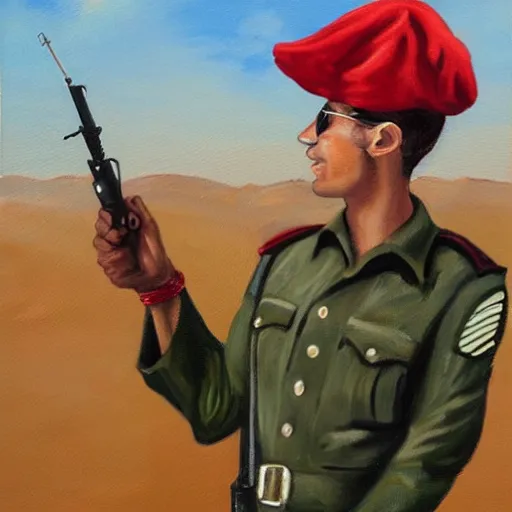 Prompt: a painting of an israeli solidier with sunglasses, a field cap, and a red ascot holding a hand grenade in the desert high details