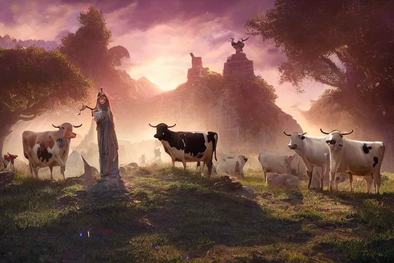 Image similar to secret meeting of the cult of the cow goddess, cinematic, digital painting, trending on artstation, unreal engine, final render, high resolution textures, 4 k, 8 k, wallpaper, 3 5 mm film, imax 7 0 mm, best special effects award winning