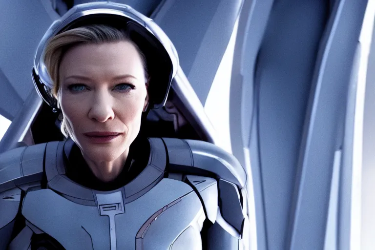 Prompt: cate blanchett on the bridge of a starship,cyborg, 4k,anime, movie still