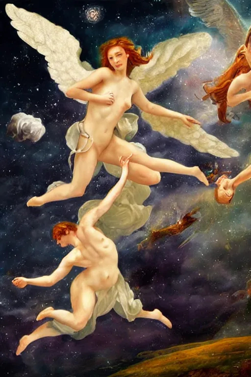 Prompt: angel falling to andromeda, very high resolution images, very fine details, looks very realistic, rennaissance style painting, drawn by yulia iosilzon, and simone graci, plus a touch from raden pious in the depth of color and emotion