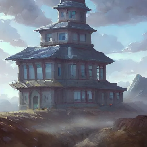 Prompt: a beautiful painting of a building in a serene landscape by tyler edlin, andreas rocha, trending on artstation