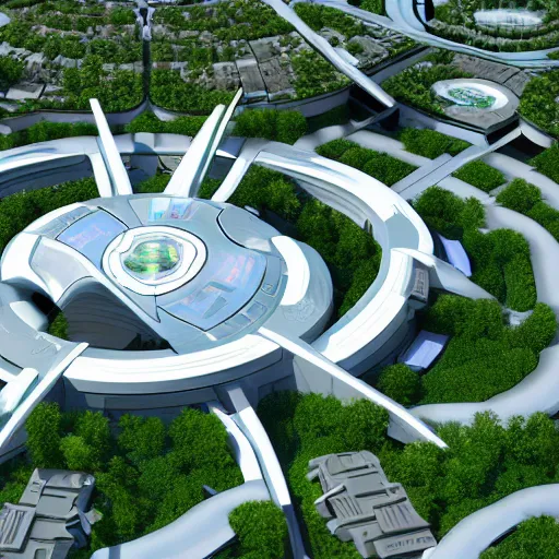 Image similar to a futuristic city located on a space station, the city is white with green lawns and parks. the houses are built in different planes on the huge rings of the station. the city consists of different houses park areas and lakes. in the style of york town from the movie star trek beyond. a cinematographic 7 5 mm shot octane render, 8 k, high resolution