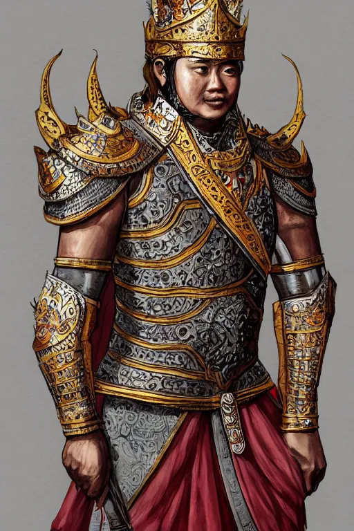 Prompt: full body portrait of king ramkamhaeng the great, leather armor, tai ethnic group, highly detailed, digital painting, watercolor, artstation, concept art, smooth, sharp focus, illustration, art by jakrapan posayakrit