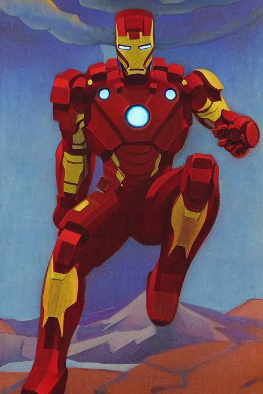 Image similar to iron man, marvel, artwork by nicholas roerich