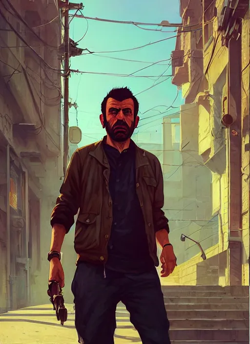 Prompt: highly detailed portrait of iranian man in gta v, stephen bliss, unreal engine, fantasy art by greg rutkowski, loish, rhads, ferdinand knab, makoto shinkai and lois van baarle, ilya kuvshinov, rossdraws, tom bagshaw, global illumination, radiant light, detailed and intricate environment