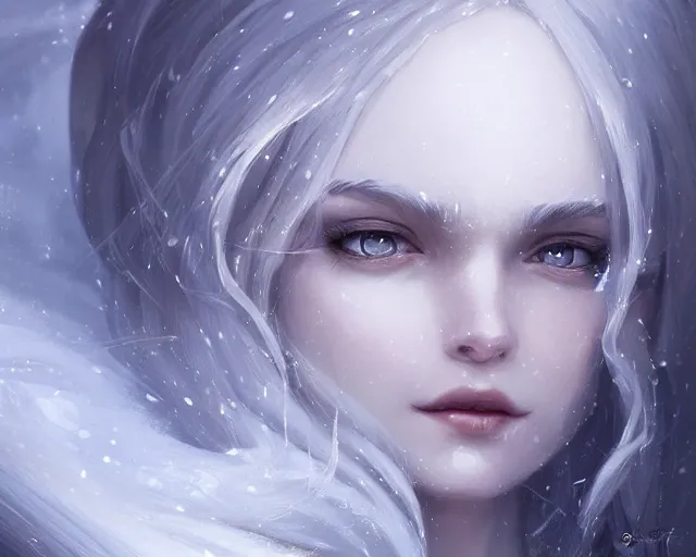 Image similar to a beautiful snow sorceress, flowy white grey hair, grey eyes, winter, frozen, snow, cinematic lighting, highly detailed, digital painting, trending on artstation, pixiv, concept art, sharp focus, illustration, art by ross tran and wlop, dark art