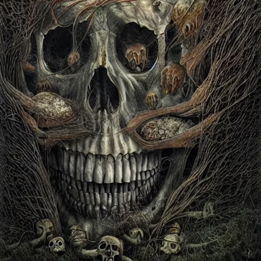 Prompt: a hyperrealistic painting of a psychedelic nightmare landscape, skulls, bones, by anton semenov and santiago caruso, highly detailed, vivid color,