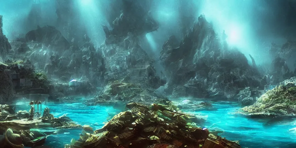 Prompt: civilization! underwater! created by orcas, submerged! city!! made with coral and rock by killer whales, epic fantasy sci fi illustration concept art bloom post process lens flare chromatic aberration vignette volumetric fog screen space ambient occlusion screen space reflections subsurface scattering film grain particles filmic tonemapping