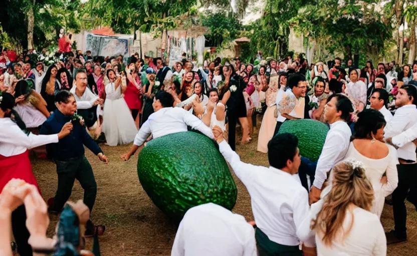 Image similar to a crowd of mexicans dancing around a giant avocado in a wedding,