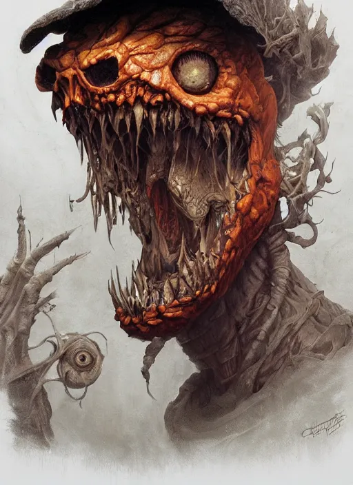 Image similar to highly detailed portrait of pumpkinhead, realistic, horror, fantasy art by greg rutkowski, stanley artgerm, loish, rhads, tom bagshaw, global illumination, radiant light, detailed and intricate environment