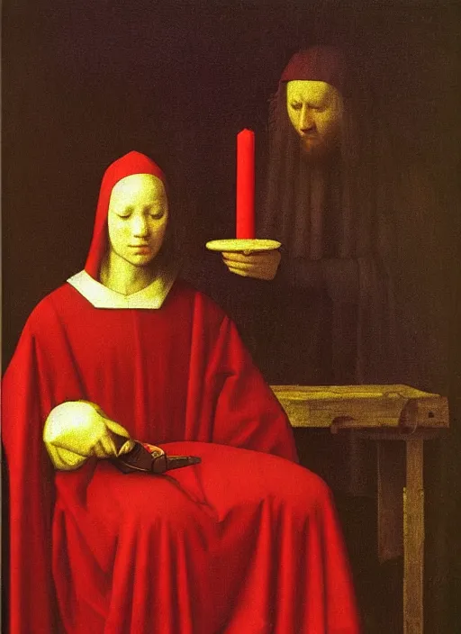 Image similar to red candle, medieval painting by jan van eyck, johannes vermeer, florence