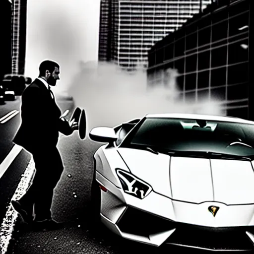 Image similar to black and white press photograph of a man in a suit pushing a lamborghini that is out of gas on a busy city street, sideview, detailed, natural light, mist, film grain, soft vignette, sigma 5 0 mm f / 1. 4 1 / 1 0 sec shutter, imax 7 0 mm footage