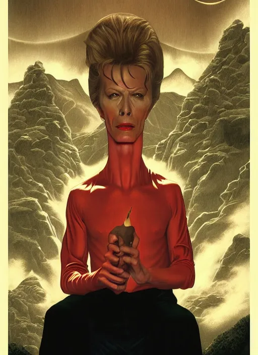 Prompt: twin peaks poster art, portrait of david bowie cursed himself in order to find the secrets of the black lodge, by michael whelan, rossetti bouguereau, artgerm, retro, nostalgic, old fashioned