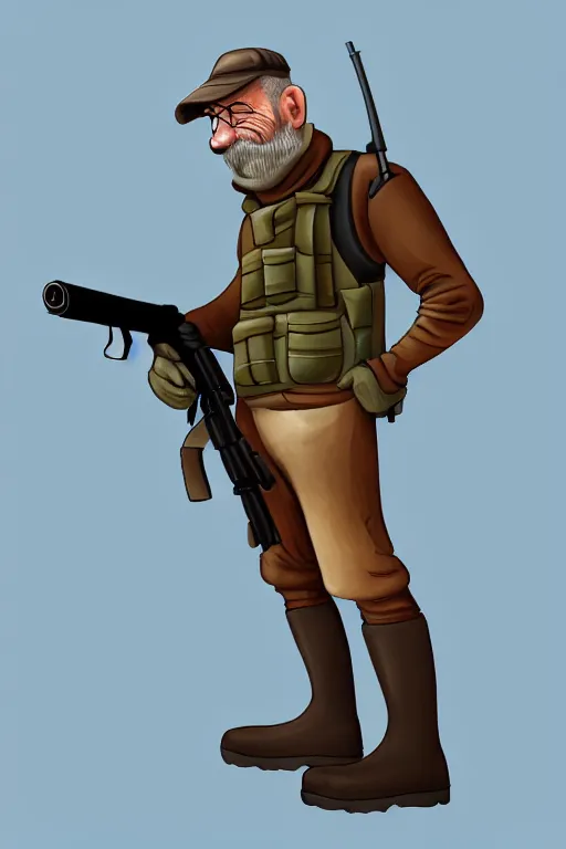 Prompt: sniper! middle age man, holding gun, full height, head neck body hand legs boots, correct anatomy, high angle, centered, by # karlkopinski, arcane colors, white background