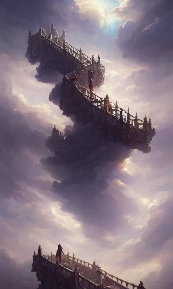 Image similar to straight staircase to heaven, sky full of clouds, art by greg rutkowski and peter mohrbacher, featured in artstation, octane render, cinematic, elegant, intricate, ultra detailed, rule of thirds, professional lighting, unreal engine, fantasy, concept art, sharp focus, illustration, 8 k