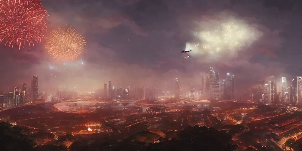 Image similar to Singapore city with a lion-shaped!!!!! cloud in the sky and fireworks in the sky, by greg rutkowski, red and white lighting, digital art, ultra realistic, ultra detailed, photorealistic, 4k, character concept