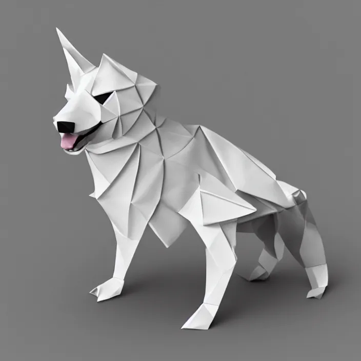 Prompt: low poly, isometric 3 d, white background, high definition, origami dog wearing a crown, hd, 4 k, 8 k