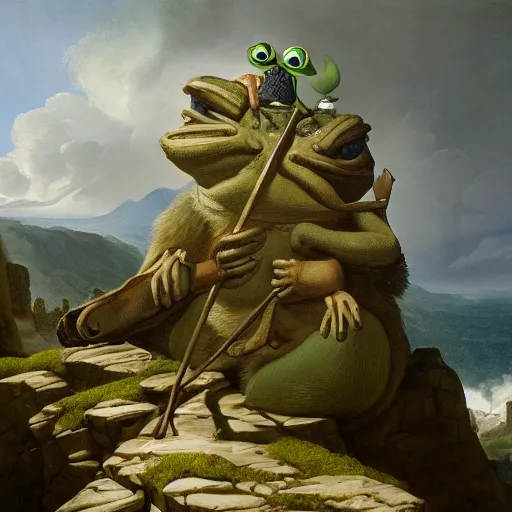 Prompt: a Pepe The Frog by Ansel Adams and Bernardo Bellotto, oil on canvas, artstation, dramatic scenery, masterpiece, aesthetic