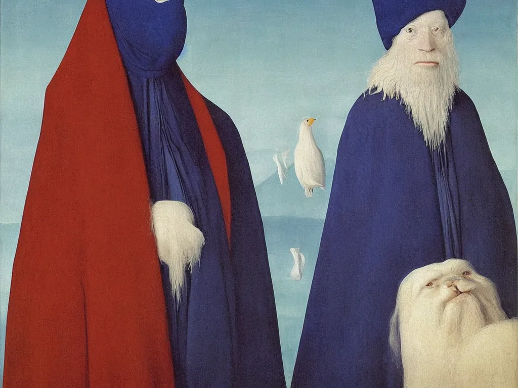 Image similar to Portrait of albino mystic with blue eyes, with snow. Painting by Jan van Eyck, Audubon, Rene Magritte, Agnes Pelton, Max Ernst, Walton Ford