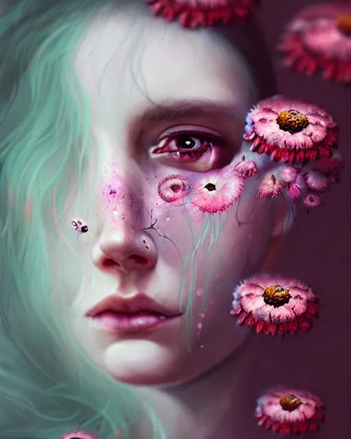 Image similar to a digital horror portrait of a beautiful sad woman with flowers and fungus growing out of her head and petals dripping from her eyes, intricate, sharp focus, digital illustration, highly detailed, octane render, digital painting, matte, art by professional artist