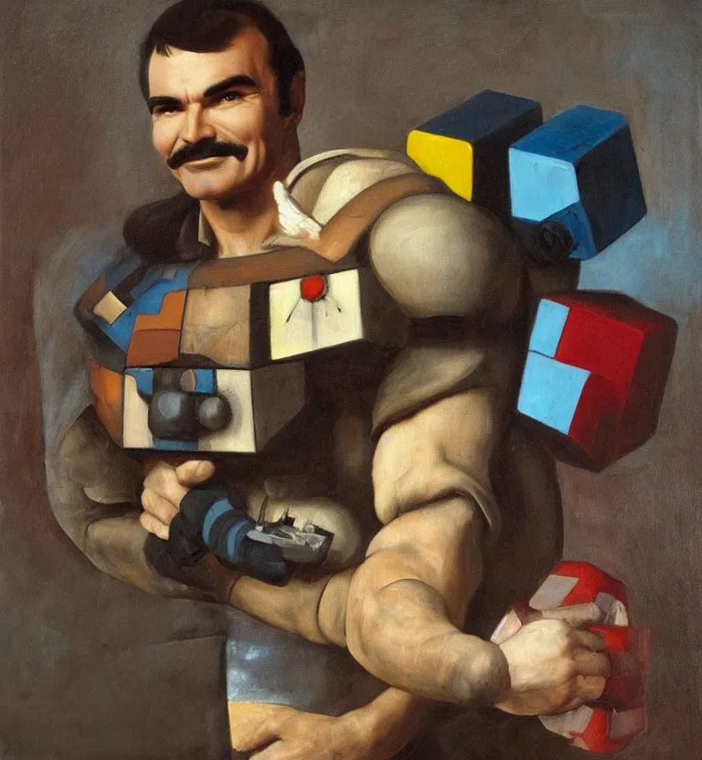 Prompt: oil painting half-length portrait of burt Reynolds holding the companion cube and a portal gun, by Leonardo da Vinci