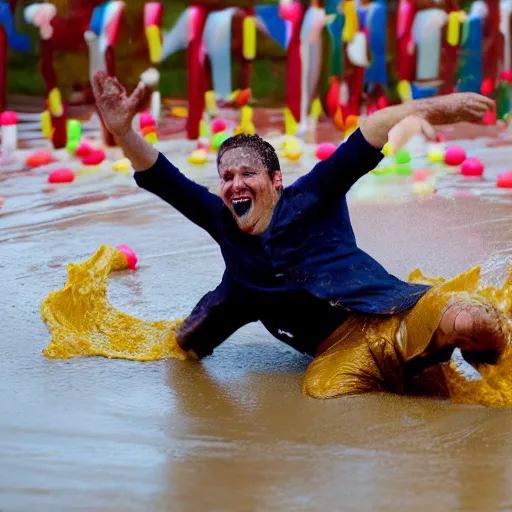 Prompt: a man sliding through pudding, slip n slide, professional photo, funny