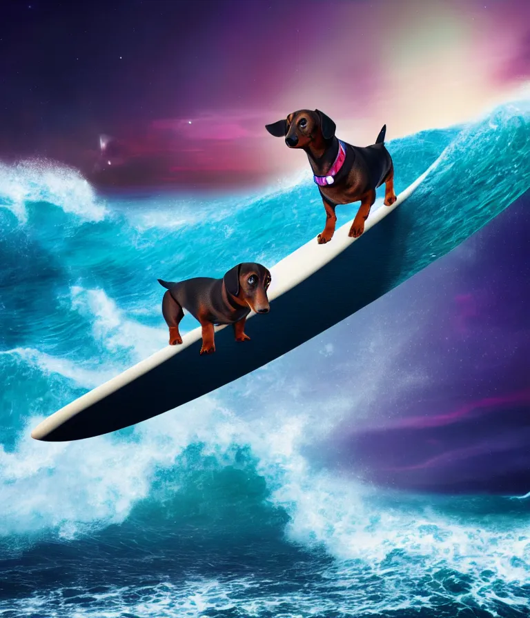 Prompt: black coat wiener dog surfing a surfboard on a crashing l wave of alien ocean in space, background is an alien galaxy, aliens in the background, alien colors, octane render, unreal engine, wide view, 8 k, high detaild